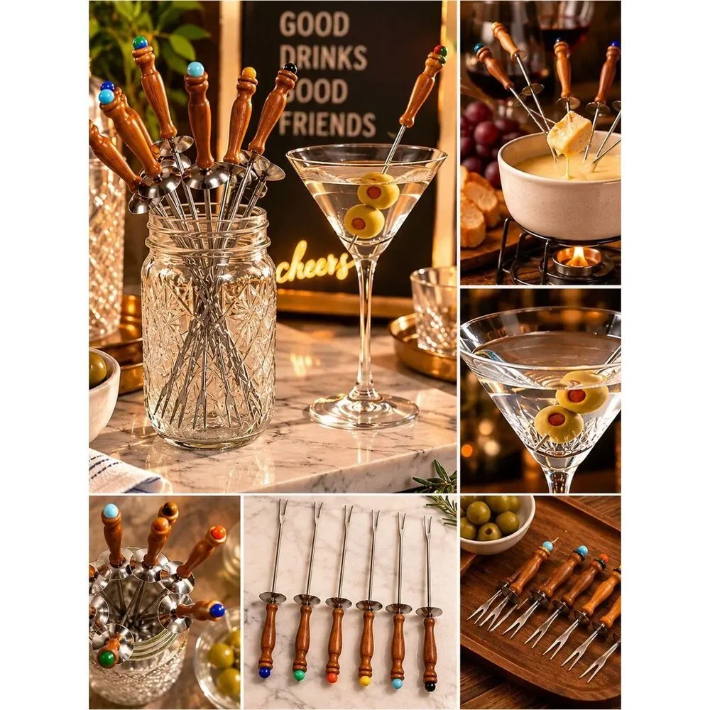 Vintage Mid-Century Cocktail Picks/Fondue– Set of 6 Wooden Handles w/ Color Tips